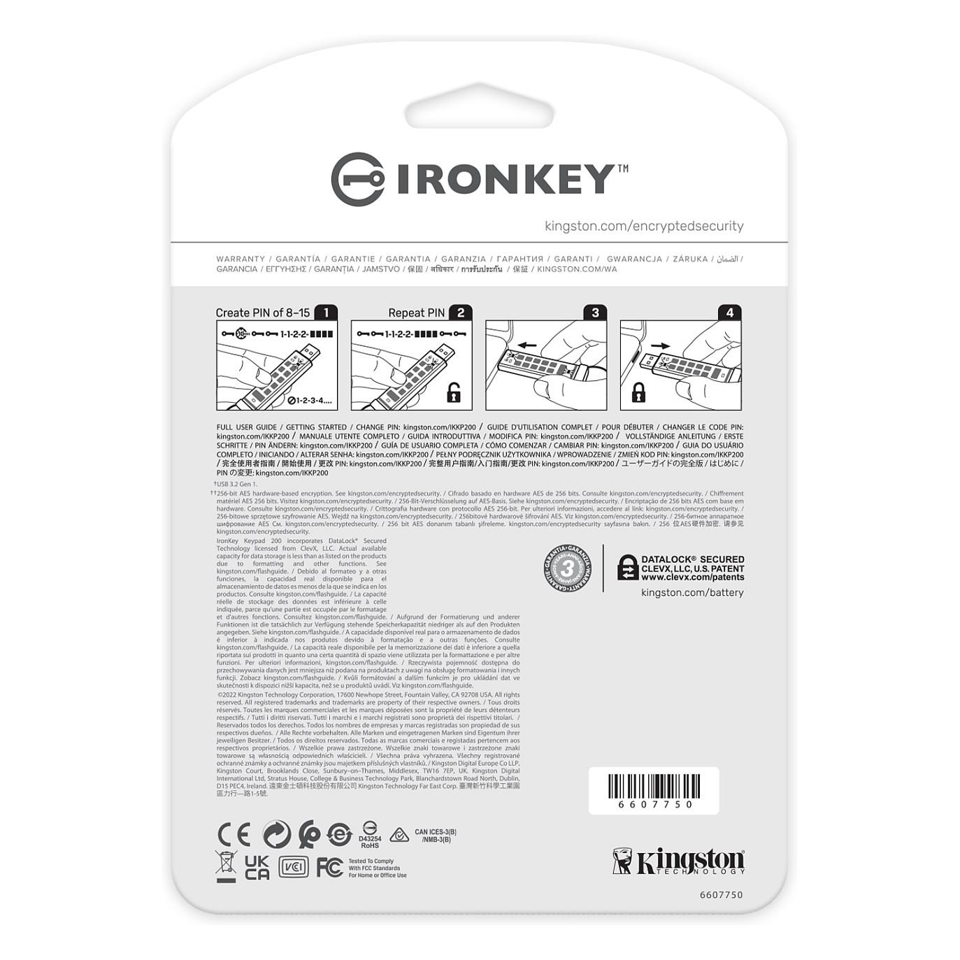 USB Flash Drive Kingston IronKey Keypad 200 / IKKP200/256GB / 256GB / USB 3.2 Gen 1 / 145MB/s / 115MB/s / AES-256 / FIPS 140-3 Level 3 - Blu - 4