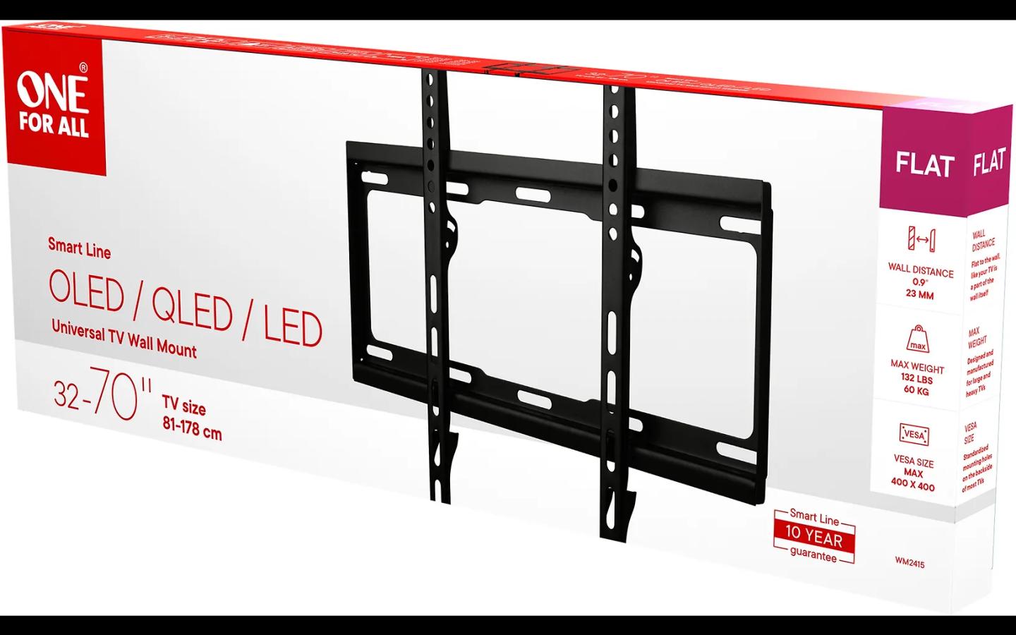 Mbajtëse për TV One For All WM2415 Smart FLAT, 32–70", VESA deri në 400×400mm, 60kg, Distancë nga Muri 22mm - Zezë - 4