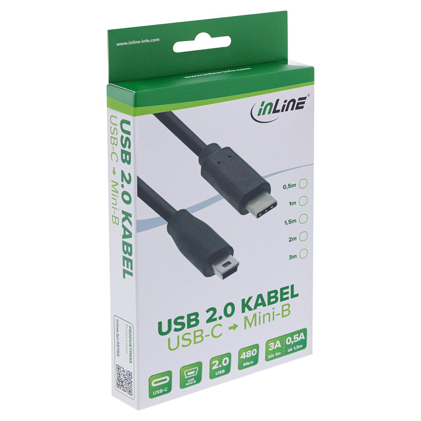 Kabllo USB InLine 35752, USB-C në USB Mini-B, 2 m, USB 2.0, 480 Mbps - Zezë - 2