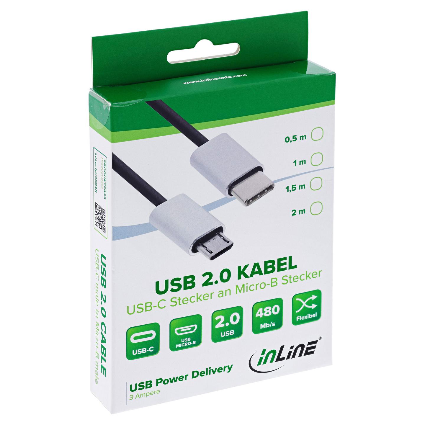 Kabllo USB InLine 35846, USB-C në Micro-USB-B, 0.5 m, USB 2.0, 480 Mbps, 2.4 A - Zezë - 2
