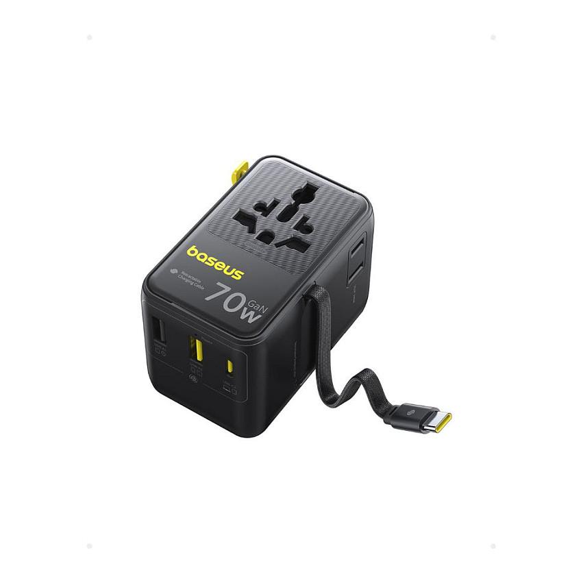 Adapter Udhëtimi Baseus EnerCore CG11 / 70W / GaN / 2x USB-C / 2x USB-A / Retractable USB-C 70W / Type A, C, G & I / 6-Port / Universal – Zezë - 3