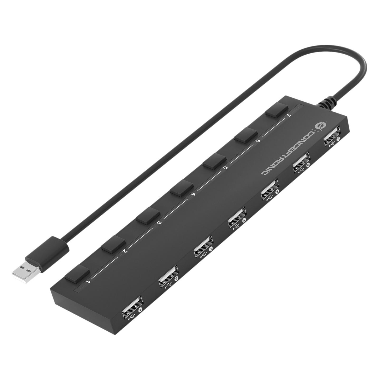 Hub USB Conceptronic HUBBIES08BP, 7x USB 2.0, 480Mbps, furnizim i jashtëm, çelësa individualë - Zezë - 4