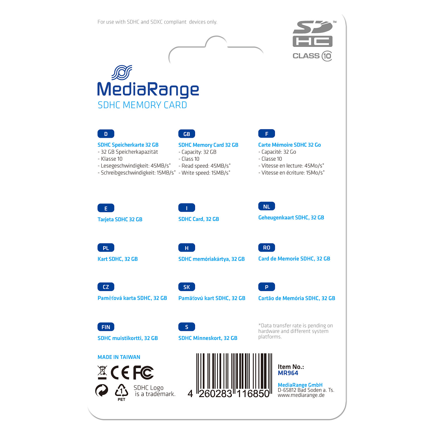 Kartë Memorie MEDIARANGE MR964 / 32GB / SDHC / Class 10 / 45 MB/s - Blu - 2