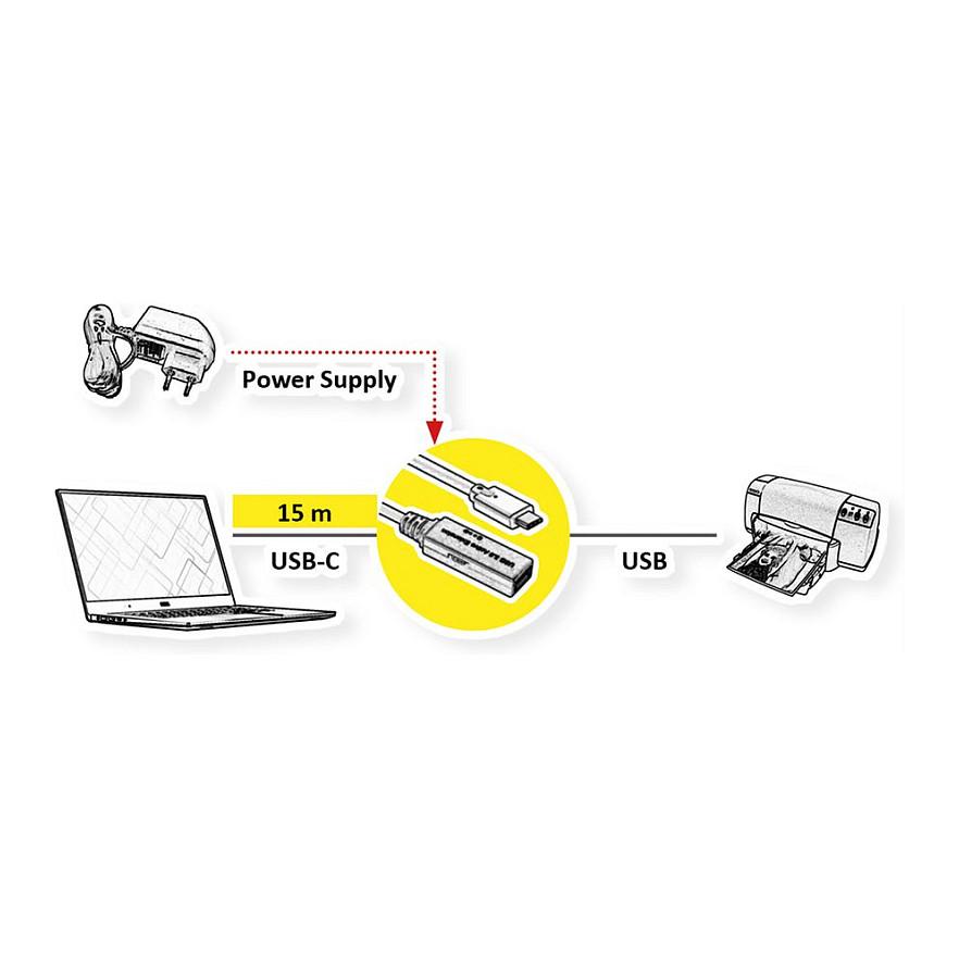 Kabllo USB ROLINE 12.04.1067 , USB-C Mashkull në USB-A Femër , USB 3.2 Gen 1 , 5Gbps , 15m , Zgjatuese Aktive - Zezë - 2