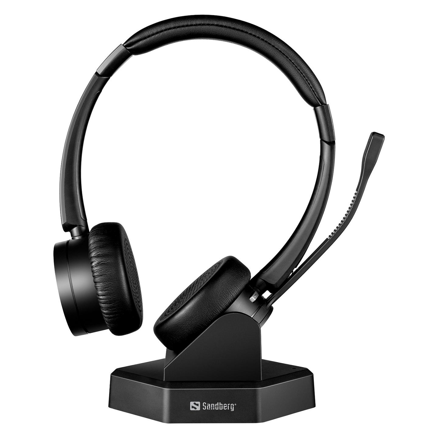 Kufje pa kabllo Sandberg Wireless Office Headset Pro+ / Stereo / Bluetooth 5.2 / Mikrofon me reduktim zhurme / 30 m / Bazë karikimi – Zezë