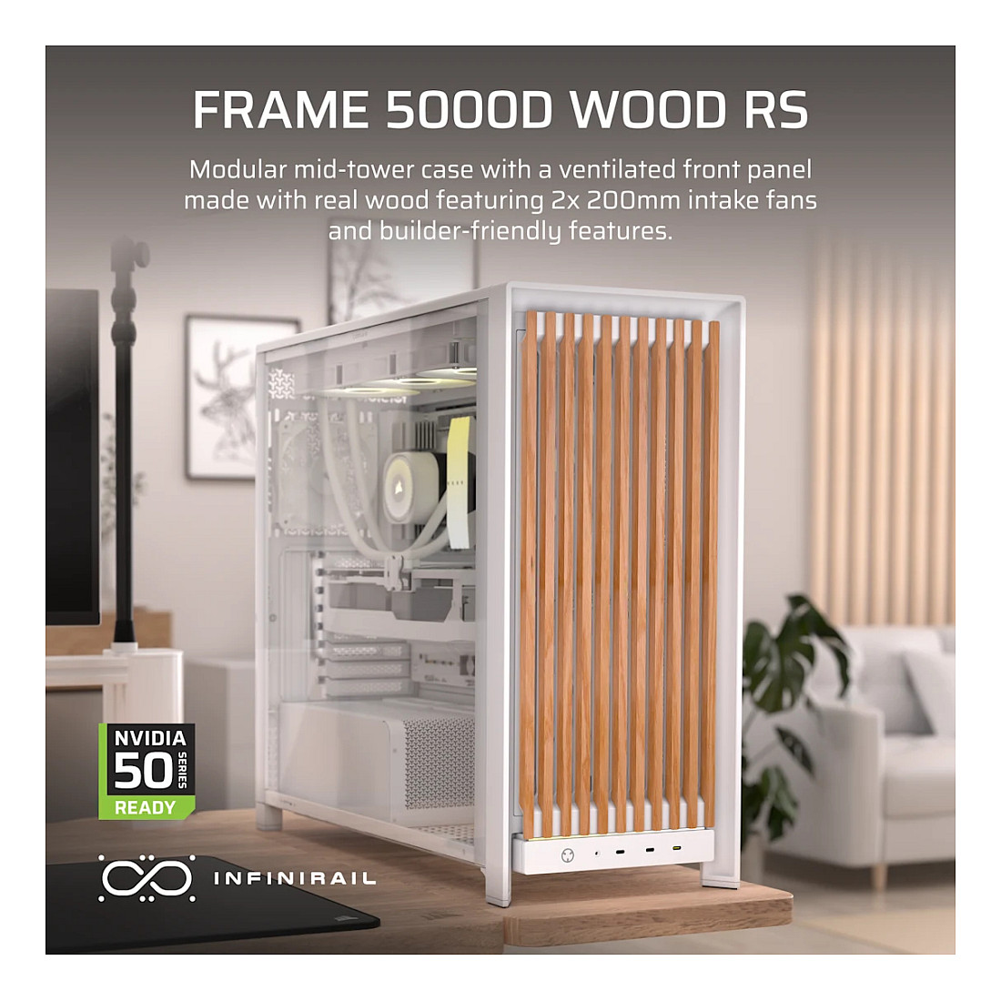 Kasë PC Corsair FRAME 5000D WOOD RS / Mid Tower / E-ATX / 2x 200mm + 1x 140mm Fan / Tempered Glass / Wood / 420mm Radiator - Bardhë/Wood - 4