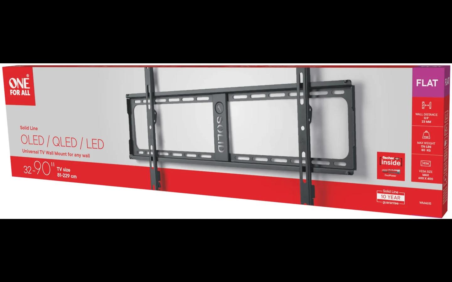 Mbajtëse për TV One For All WM4615 Solid FLAT, 32–90", VESA deri në 600×400mm, 80kg, Distancë nga Muri 23mm - Zezë - 3
