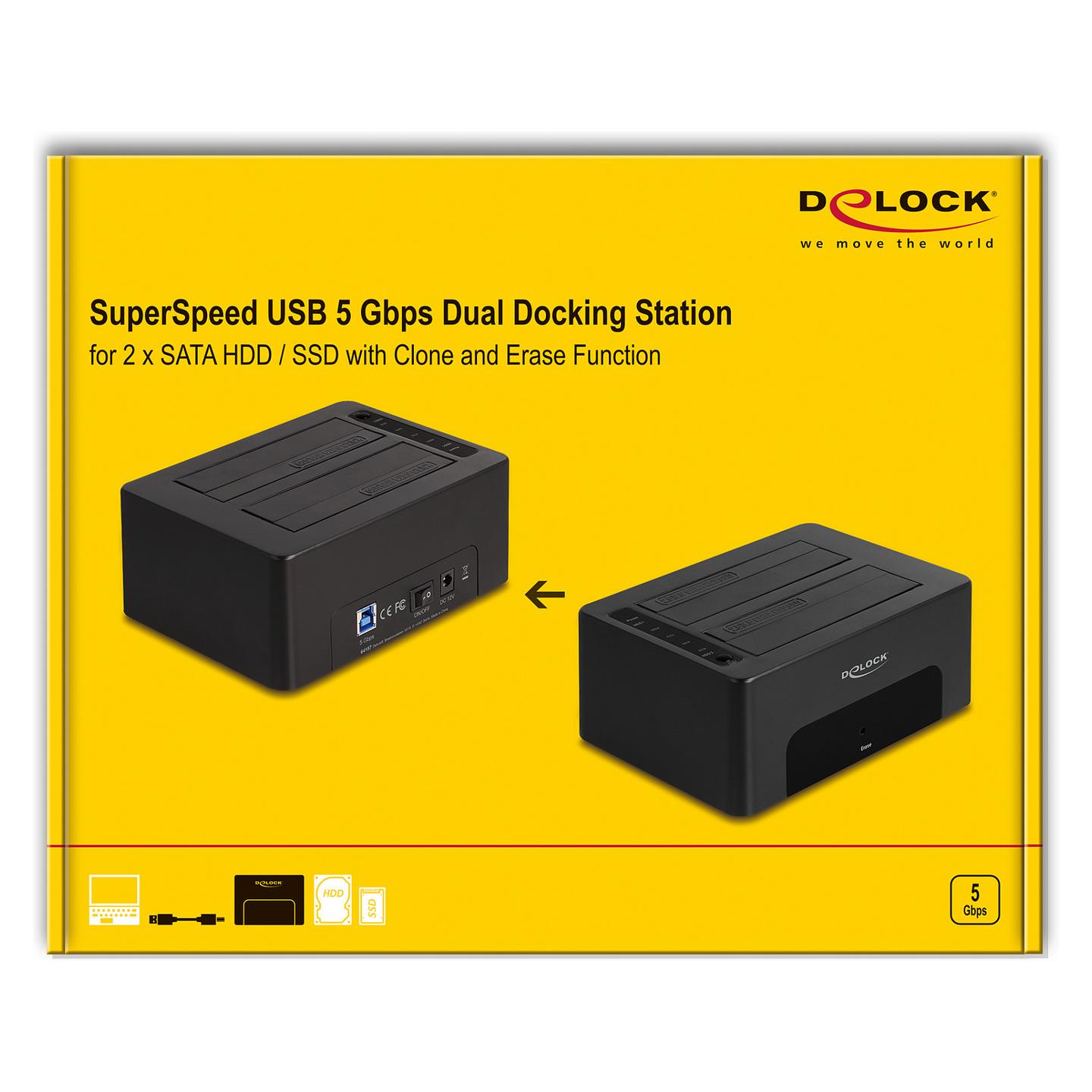 Këllëf për Disqe Delock 64187, Dual SATA HDD/SSD, USB 5Gbps Type-B, 2.5"/3.5", Clone + Erase, ASMedia ASM1156 - Zezë - 5