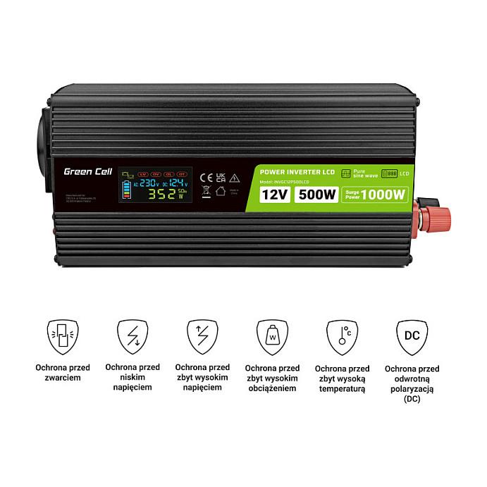 Inverter Green Cell PowerInverter LCD, 12 V, 500 W, Sinus i pastër, me ekran LCD - Zezë - 6