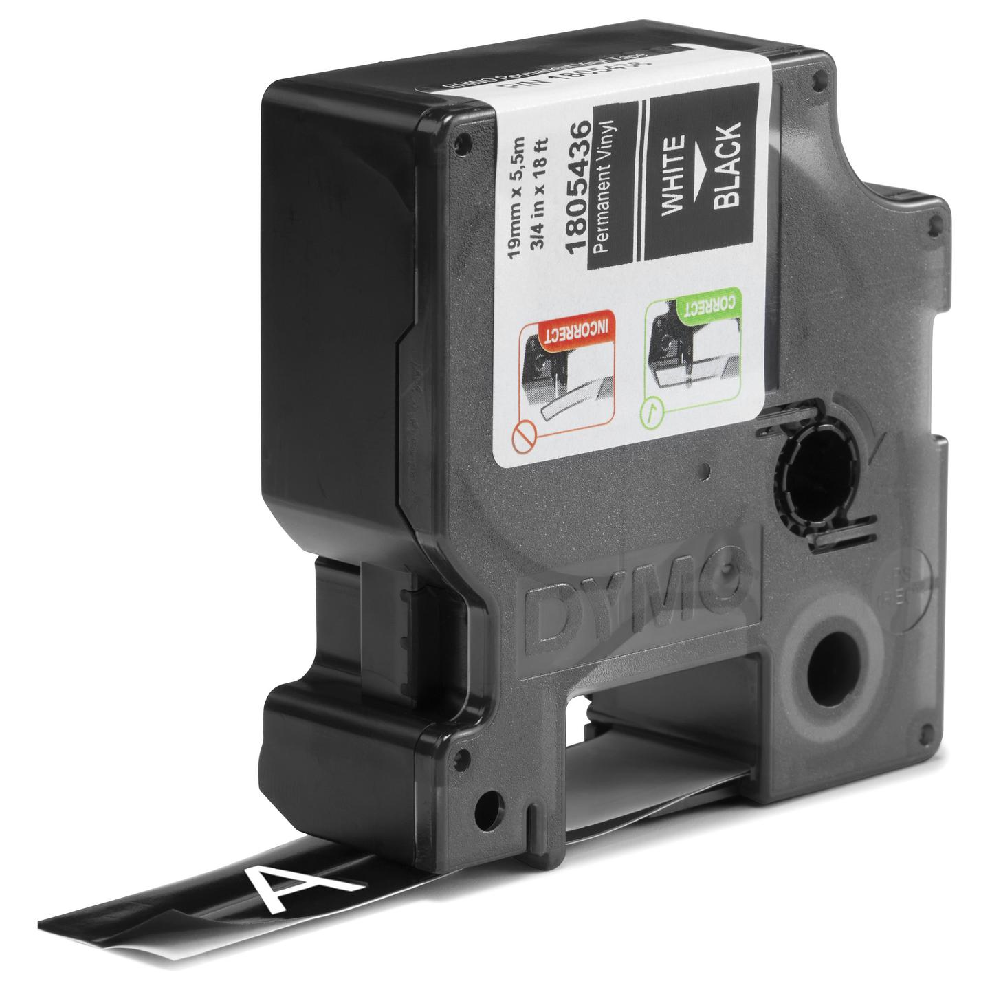 Shirit për Printer Label DYMO Rhino 1805436, vinil, 19 mm × 5,5 m, tekst i bardhë në sfond të zi - 2