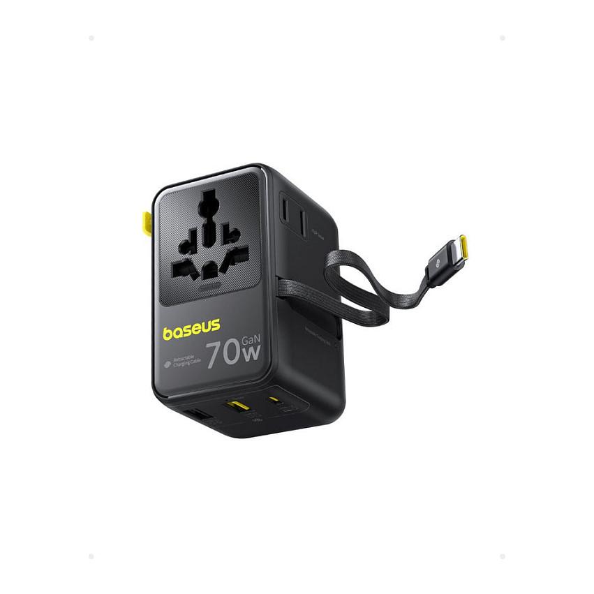 Adapter Udhëtimi Baseus EnerCore CG11 / 70W / GaN / 2x USB-C / 2x USB-A / Retractable USB-C 70W / Type A, C, G & I / 6-Port / Universal – Zezë - 2