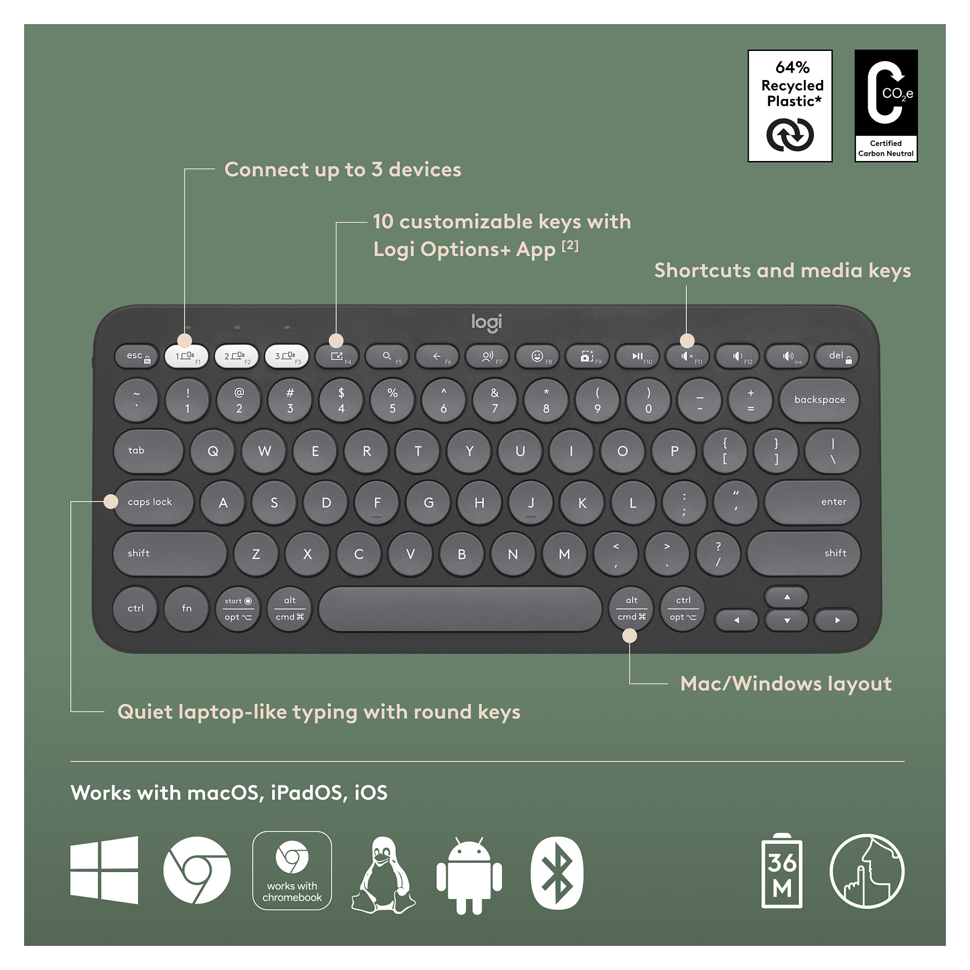 Tastierë Pa kabllo Logitech Pebble Keys 2 K380s / Kompakte / Scissor Switch / Bluetooth / 3 Pajisje / Easy-Switch / QWERTY US - Grafit - 11