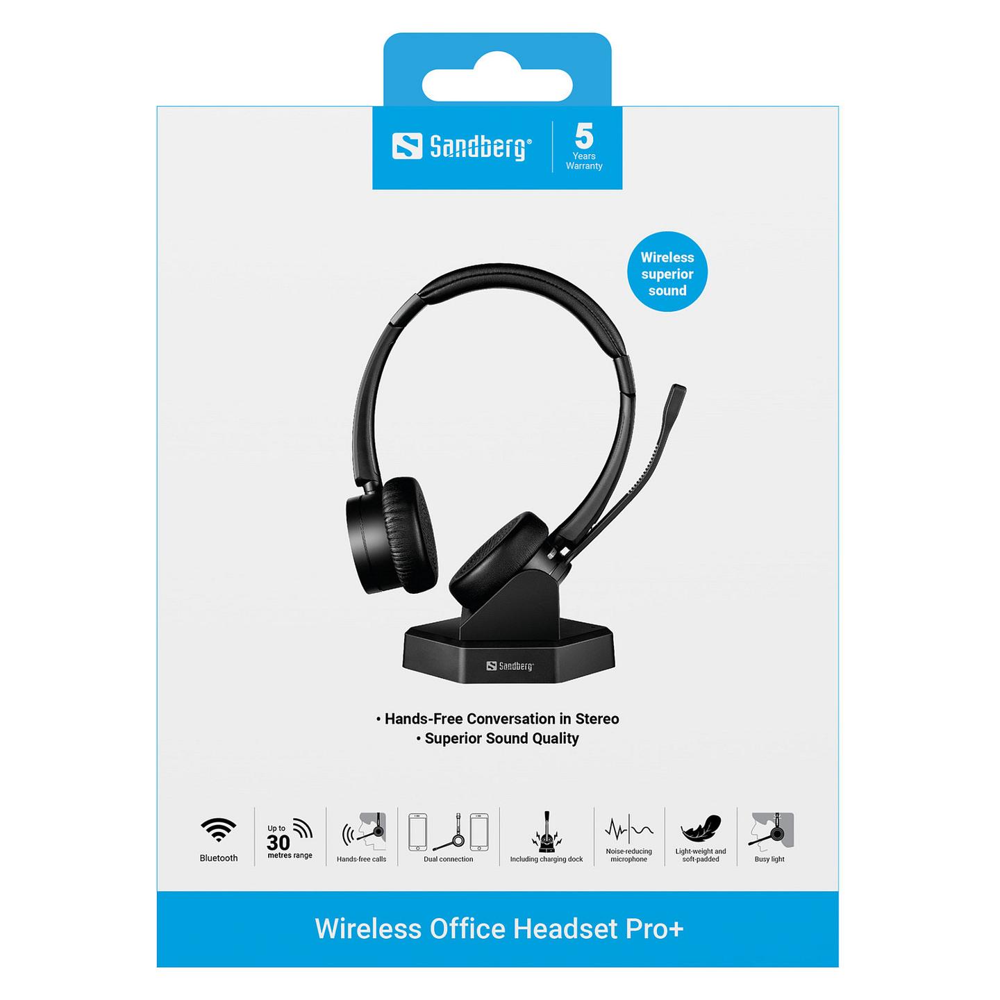 Kufje pa kabllo Sandberg Wireless Office Headset Pro+ / Stereo / Bluetooth 5.2 / Mikrofon me reduktim zhurme / 30 m / Bazë karikimi – Zezë - 10