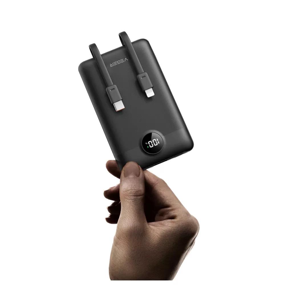 Powerbank VEGER C11, 10000mAh, 22.5W, PD 3.0, QC 3.0, USB-A, USB-C, Kabllo të Integruara - Zezë - 3