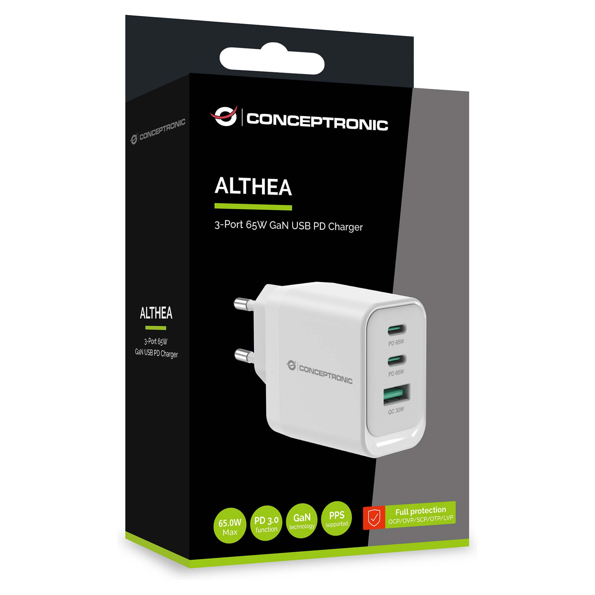 Adapter Conceptronic ALTHEA21W65 / 65W / 2x USB-C + USB-A / GaN / PD 3.0 + QC 3.0 - Bardhë - 5