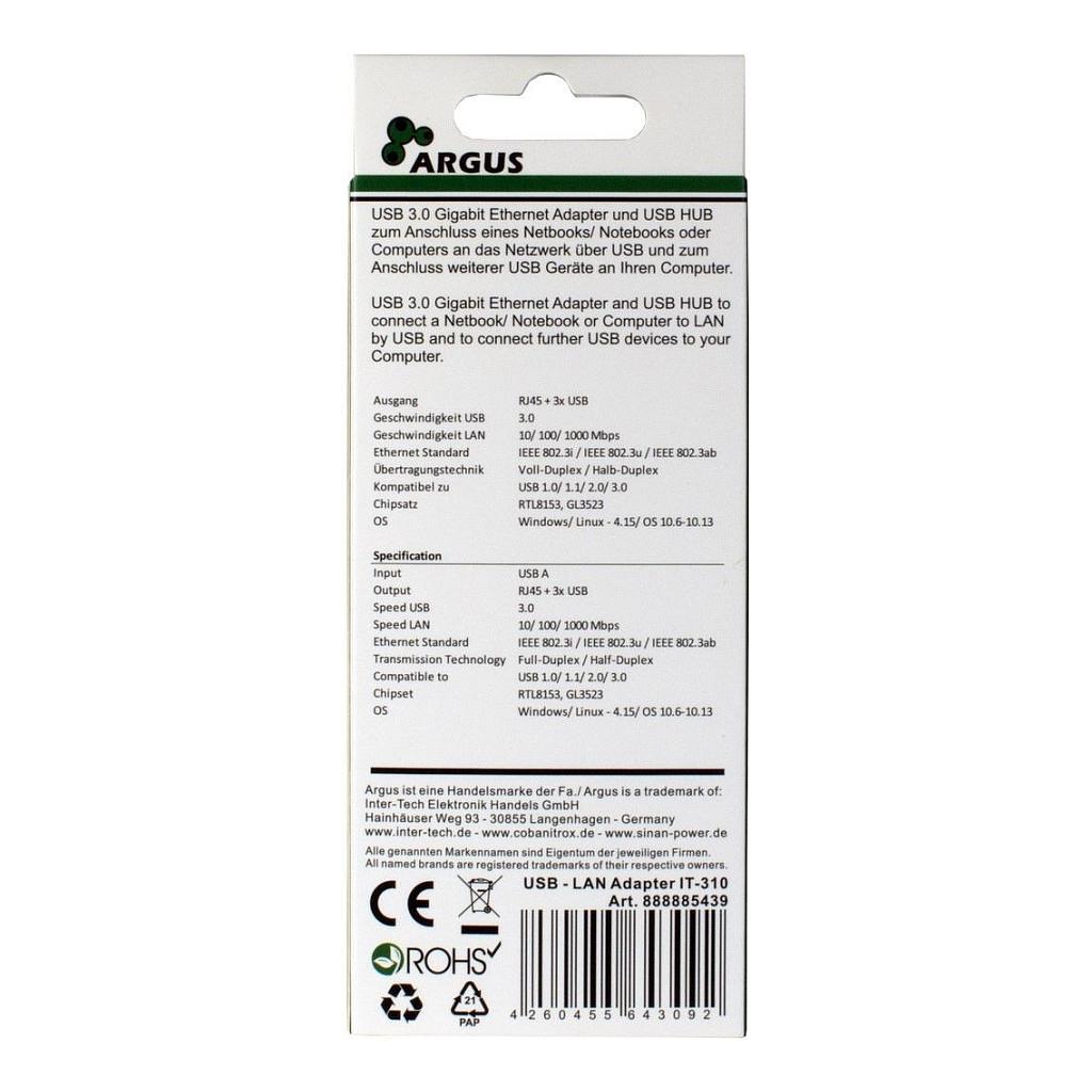 Splitter USB Inter-Tech ARGUS IT-310 / USB-A / 3x USB 3.2 Gen 1 / RJ45 Gigabit Ethernet / 1000 Mbit/s / WOL - Zezë - 4
