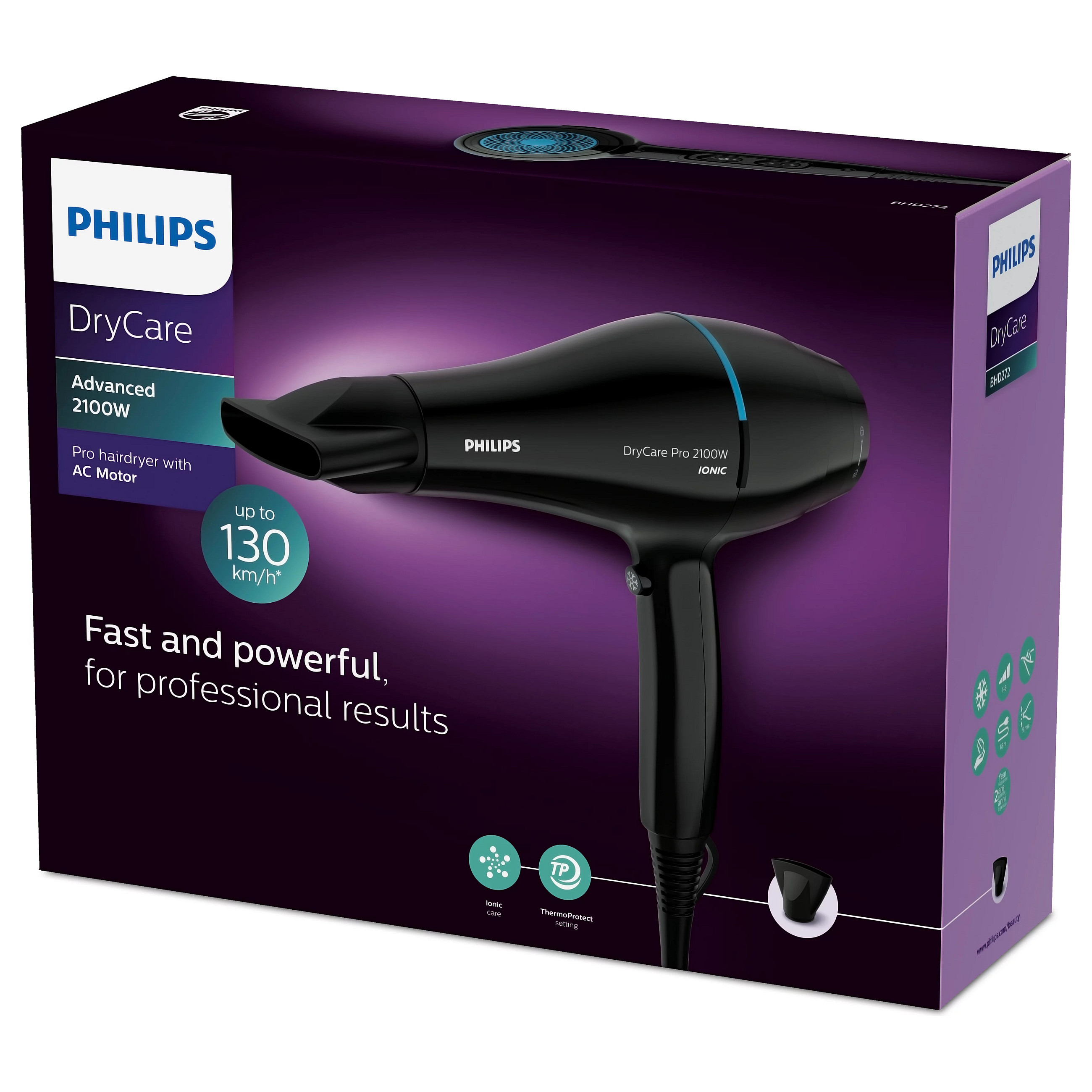 Tharëse për flokë Philips DryCare Pro BHD272/00 / 2100W / AC / ThermoProtect / Ionic Care / 130 km/h / 6 Cilësime / Koncentrator 9mm – Zezë - 4