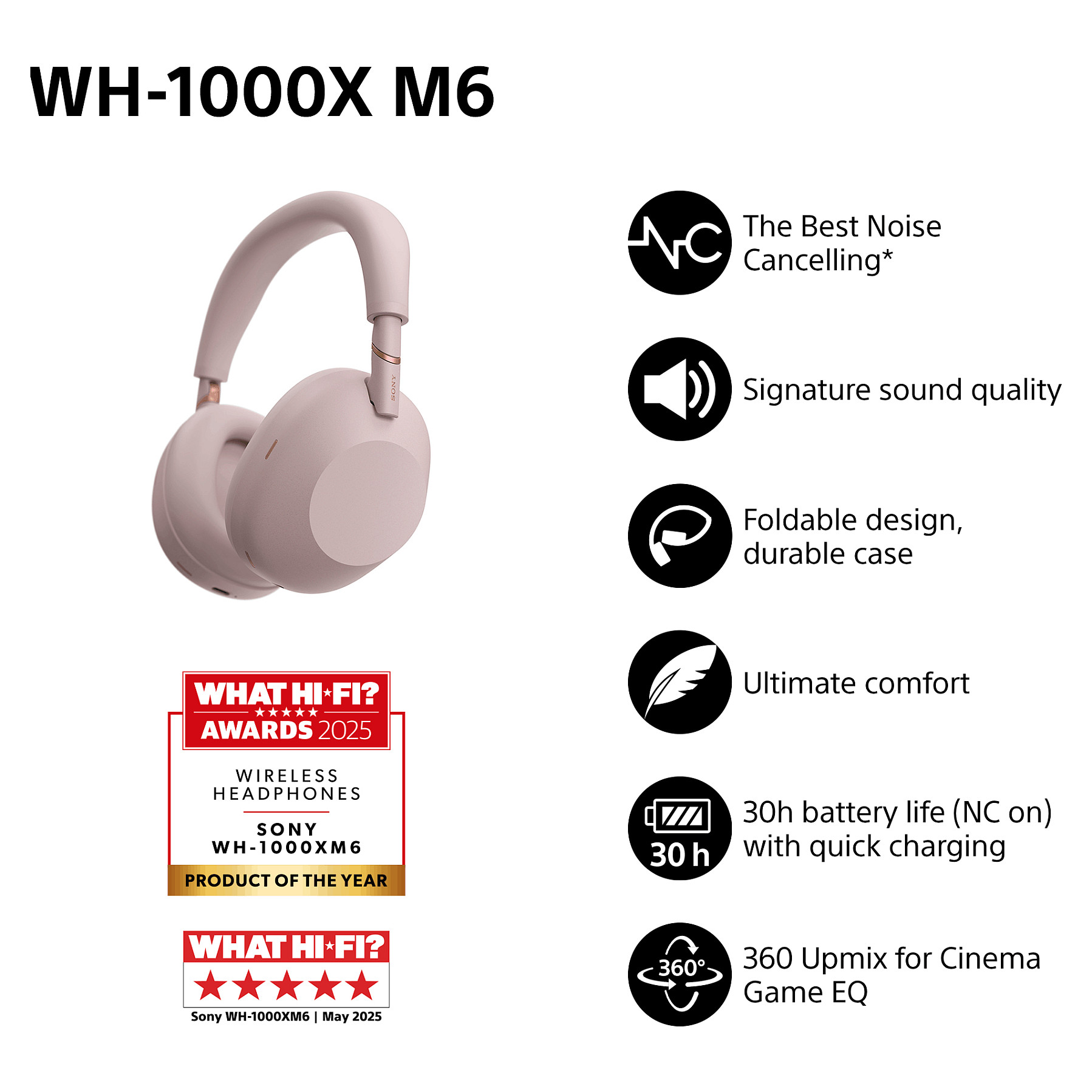 Kufje pa kabllo Sony WH-1000XM6 / Bluetooth / 4–40.000 Hz / ANC - Rozë - 8