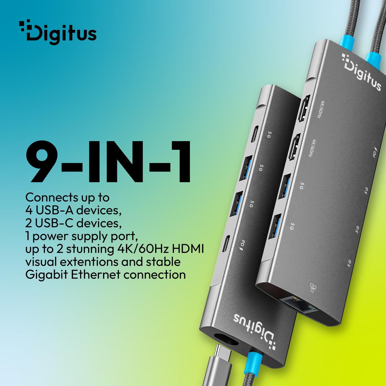 Docking Station DIGITUS DA-70922, 2× HDMI, 4× USB-A, USB-C, Gigabit Ethernet, USB-C PD 100W - Hiri - 3