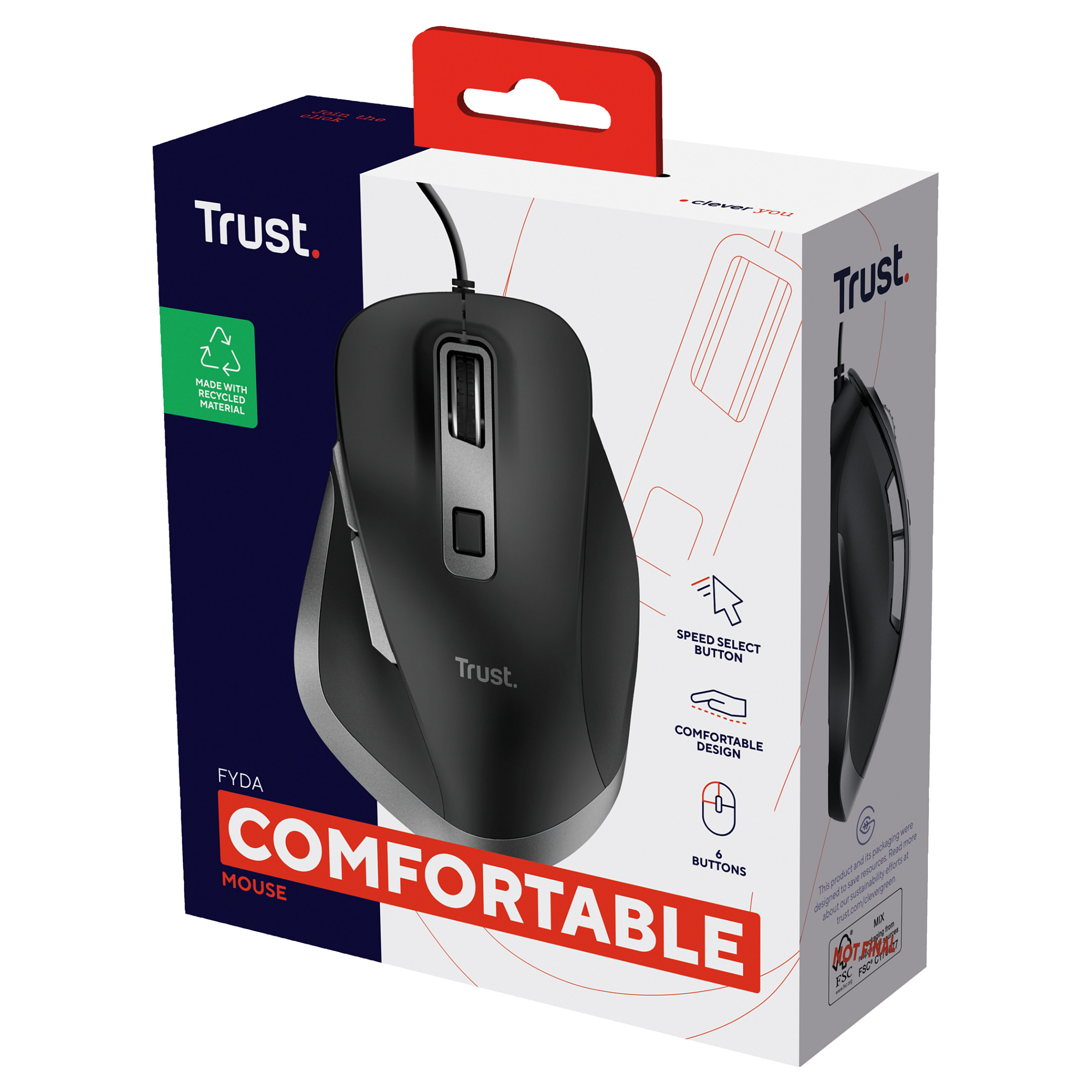 Maus me kabllo Trust Fyda / USB-A / Optik / 600–5000 DPI / 6 Butona - Zezë - 5