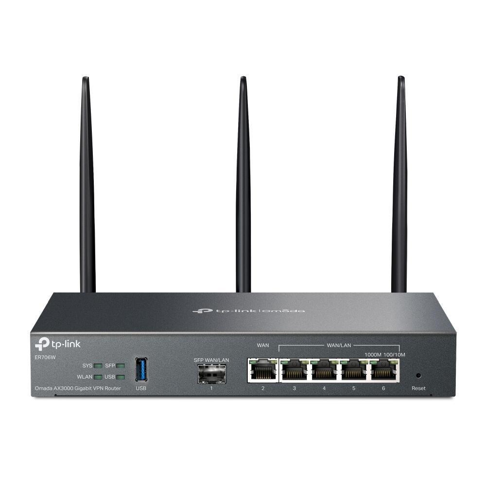 TP-Link Omada ER706W AX3000 Wi-Fi 6 Gigabit VPN Router – Dual-Band 574Mbps + 2402Mbps, 1× Gigabit SFP WAN/LAN, 5× Gigabit RJ45, Multi-WAN, WireGuard/IPSec/OpenVPN, Omada SDN, USB 3.0 – E Zezë