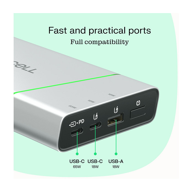 Powerbank Green Cell PowerPlay Pro / 20.800mAh / USB-C 65W PD / USB-C 18W / USB-A 18W / LED – Silver - 10