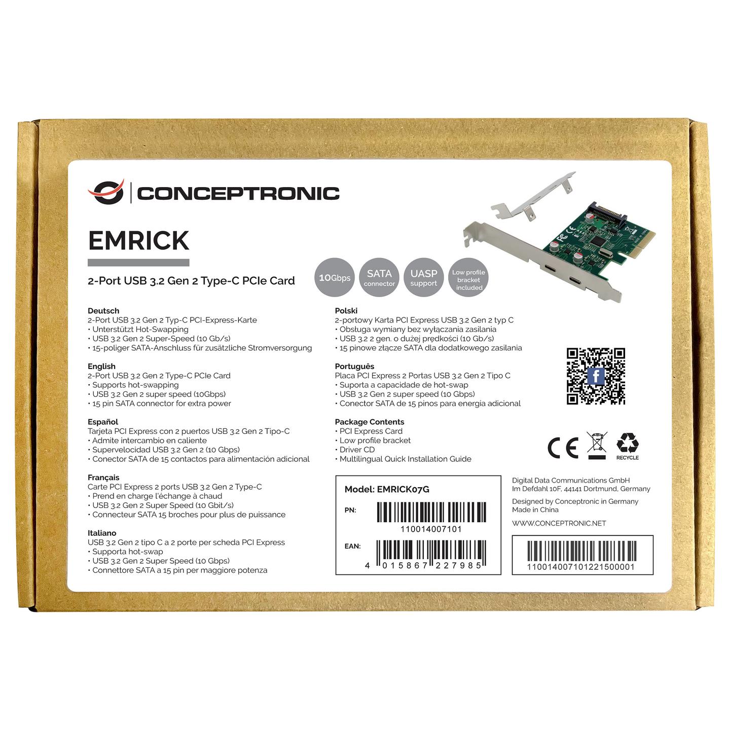 Kartë Zgjerimi Conceptronic EMRICK07G, PCI Express x4, 2x USB-C 3.2 Gen 2, 10Gbps, ASM1142, Low Profile - Gjelbër - 2