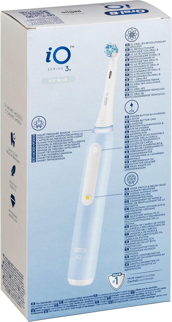 Furçë dhëmbësh elektrike Oral-B iO Series 3, 3 mënyra, Sensor presioni, Bateri Li-Ion - Blu e çelët, Bardhë - 2