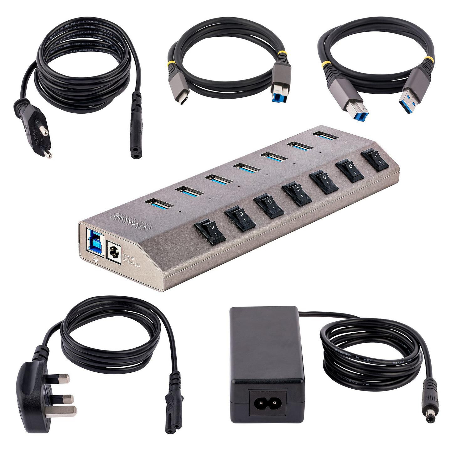 Hub USB StarTech.com 5G7AIBS-USB-HUB-EU, 7× USB-A, USB 3.2 Gen 1, 5 Gbps, Ndërprerës Individualë, Adapter 65 W – Gri - 6
