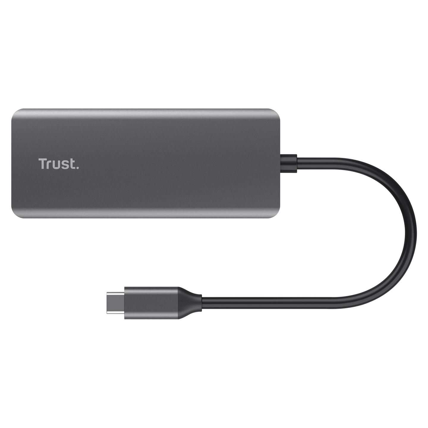 Hub USB-C Trust Dalyx 24968, 6-në-1, HDMI 4K, Gigabit Ethernet, 2x USB-C, 2x USB-A, Power Delivery 100 W - Argjendtë - 6