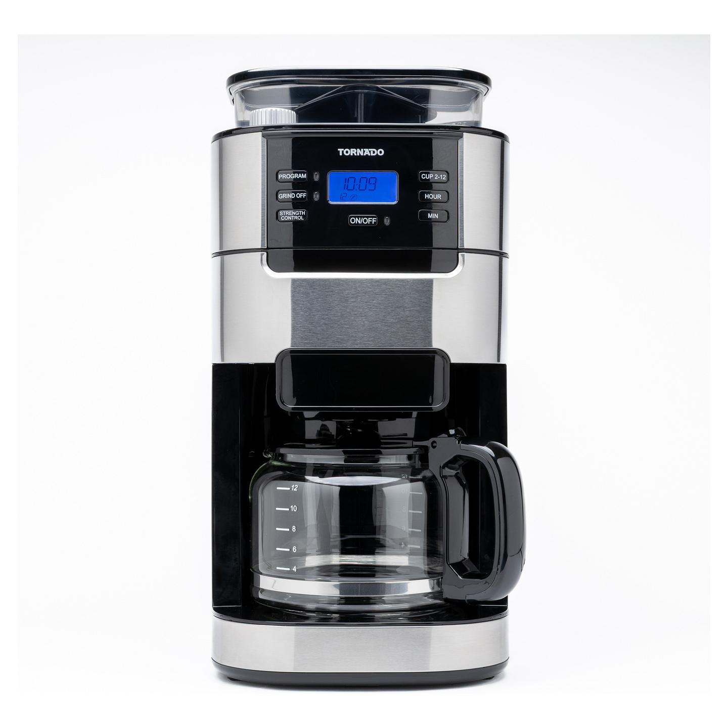 Aparat për Kafe me Filtër TORNADO TCM-1025A-GS, Mulli Konik, 1050 W, Rezervuar 1.5 L, 12 Filxhanë – Zezë/Argjend - 12