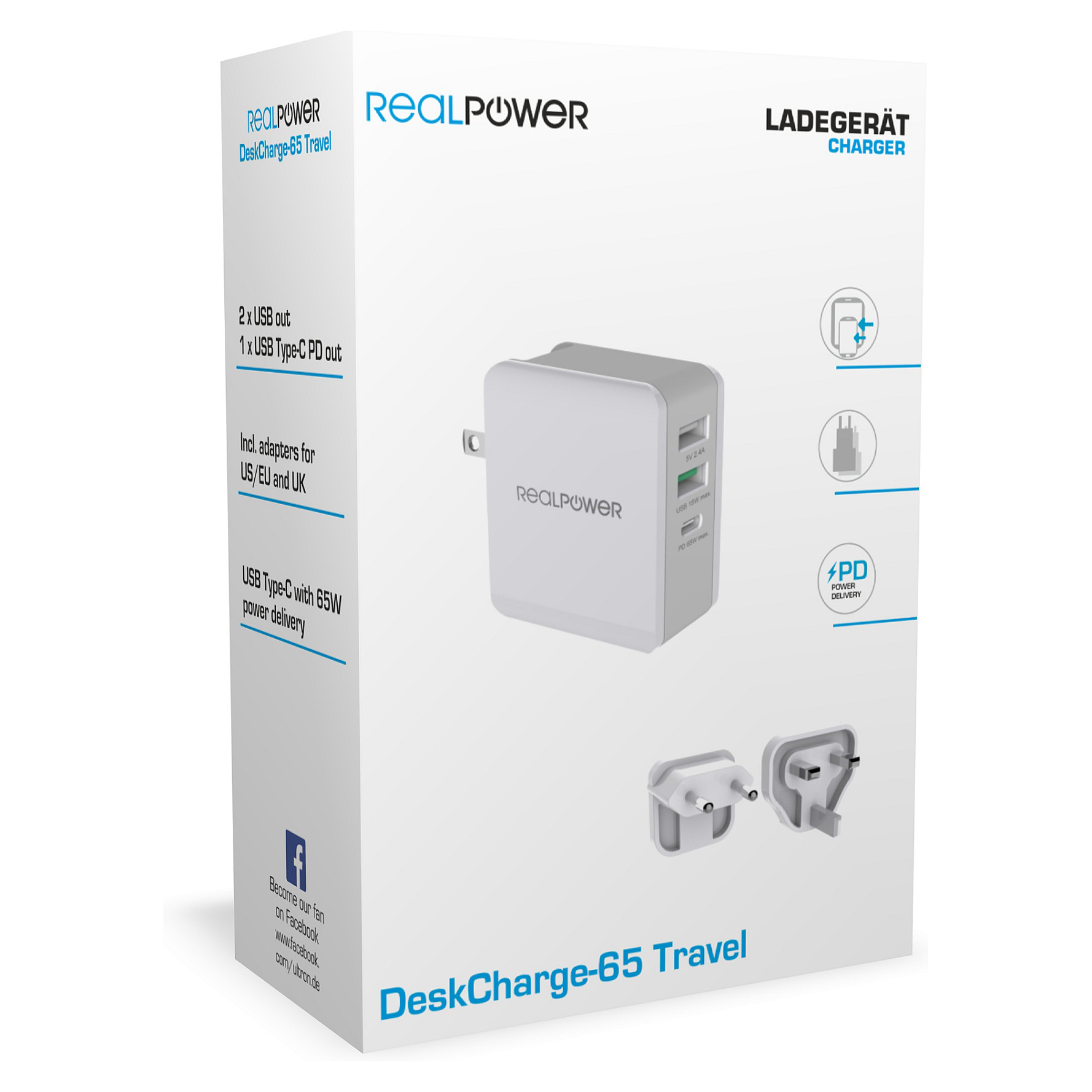Adapter RealPower DeskCharge-65 Travel / USB-C PD 65W / 2x USB-C + 1x USB-A / GaN - Hiri - 4