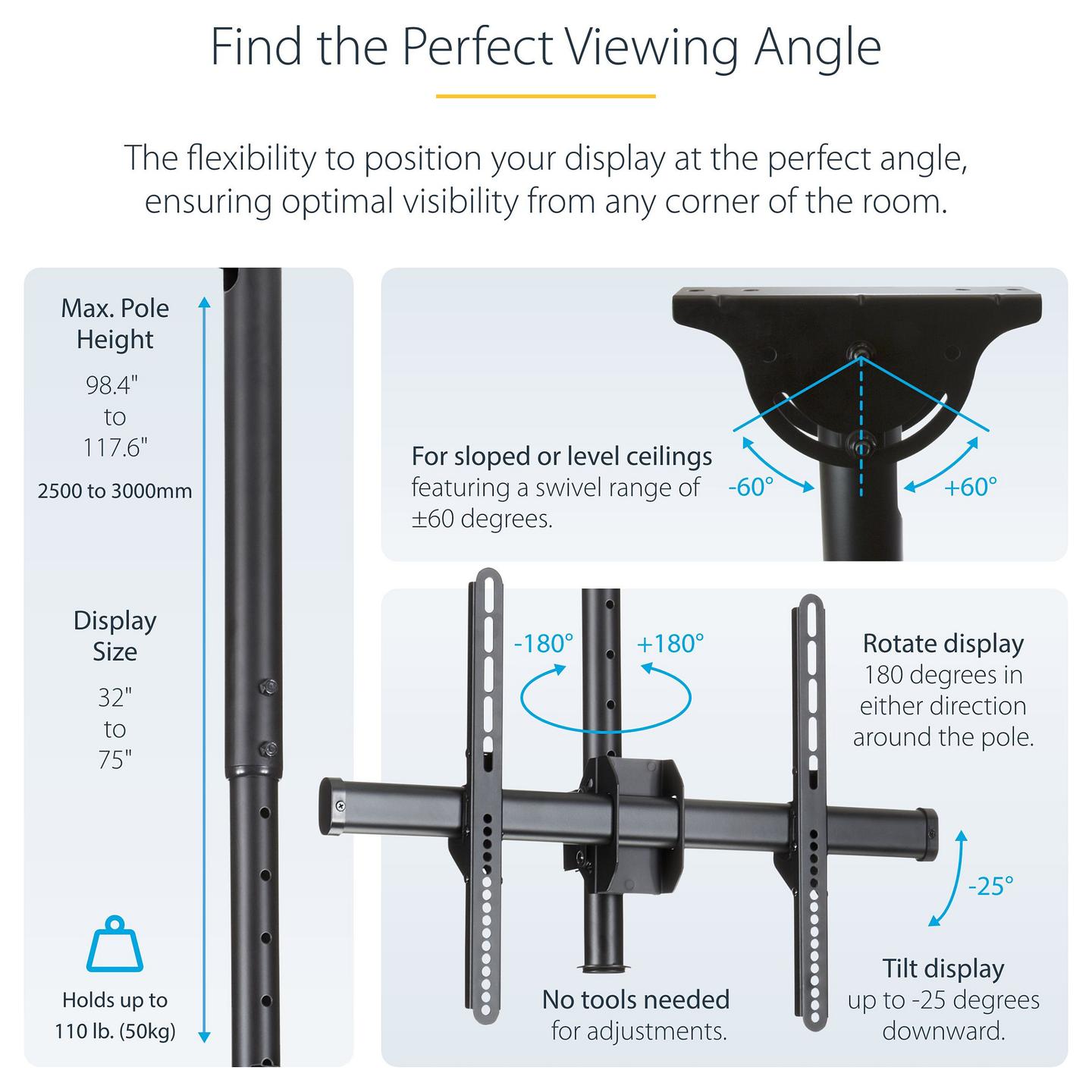 Mbajtëse për TV StarTech.com FPCEILPTBLP , 32–75" , deri 50kg , për tavan , Full-Motion , VESA 200x200–600x400 - Zezë - 17