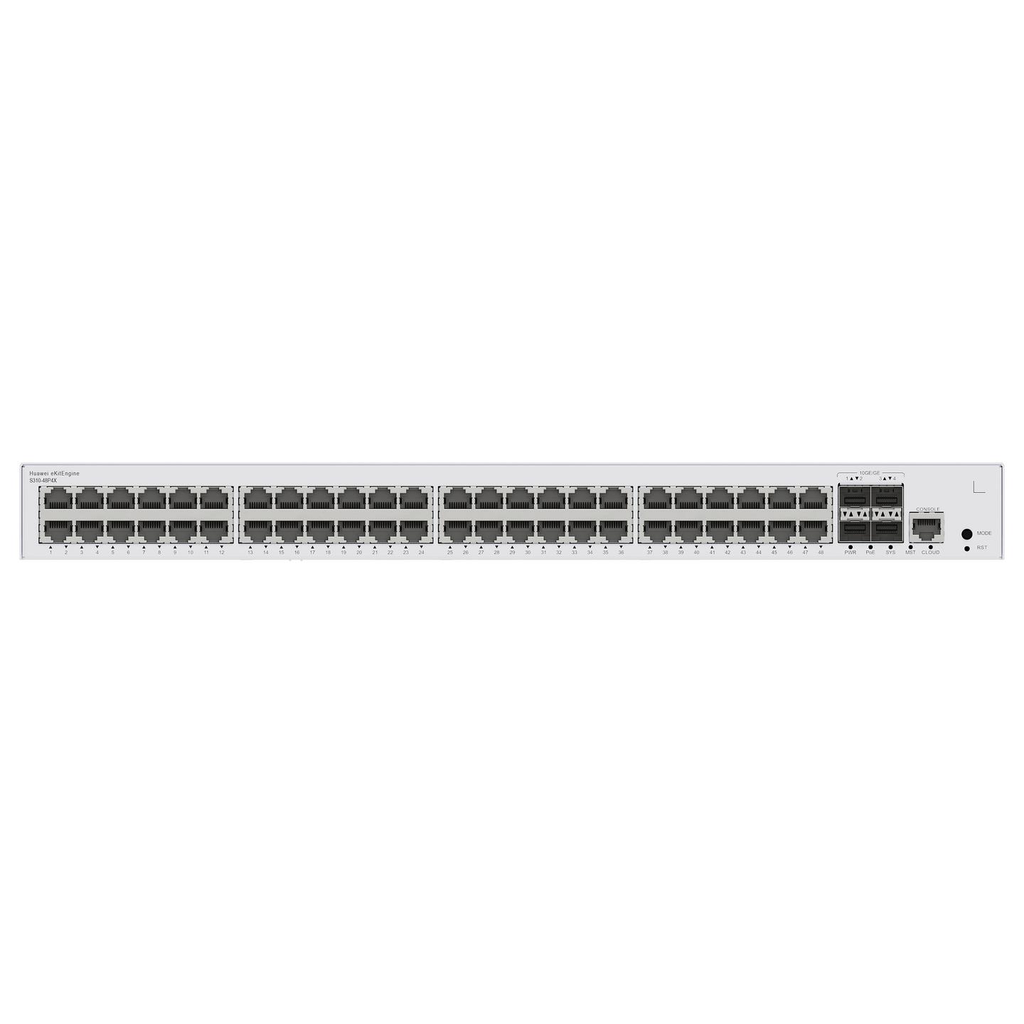 Switch Huawei eKitEngine S310-48P4X, 48 porta Gigabit PoE+, 4 porta SFP+ 10G, PoE 380W, 176Gbps, Managed Layer 2+, Rack 1U - Bardhë - 2