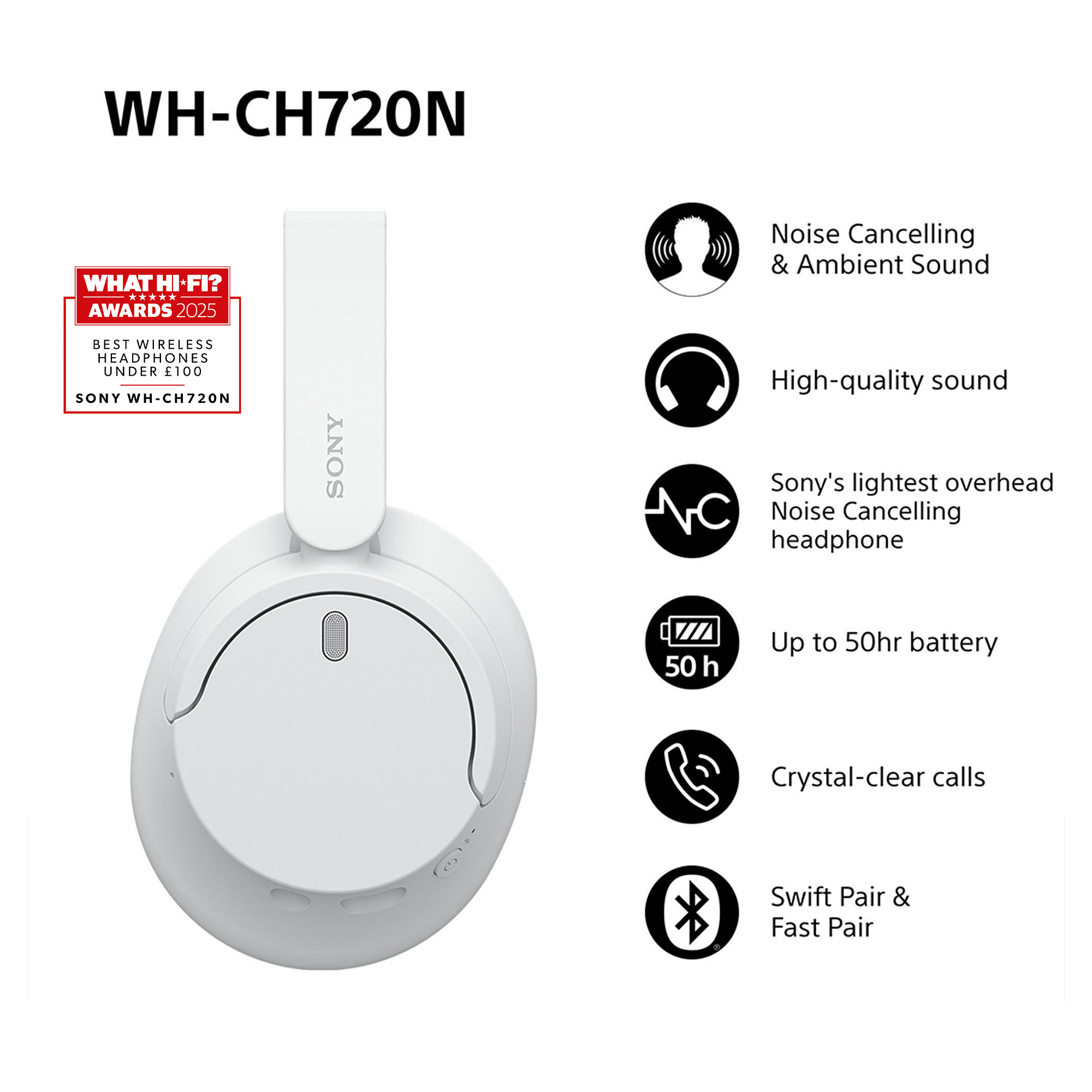 Kufje pa kabllo Sony WH-CH720N / Bluetooth 5.2 / 30mm / ANC / Mikrofon - Bardhë - 3