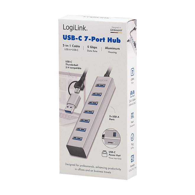 Hub USB-A LogiLink UA0441, 7x USB-A, USB 3.0, 5Gbps, kabllo 2-në-1, alumin - Argjend - 3