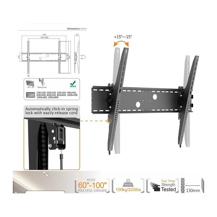 Mbajtëse Muri për TV Equip 650322 / 60"-100" / 100kg / Tilt / Curved / -15° deri +15° - Zezë - 10