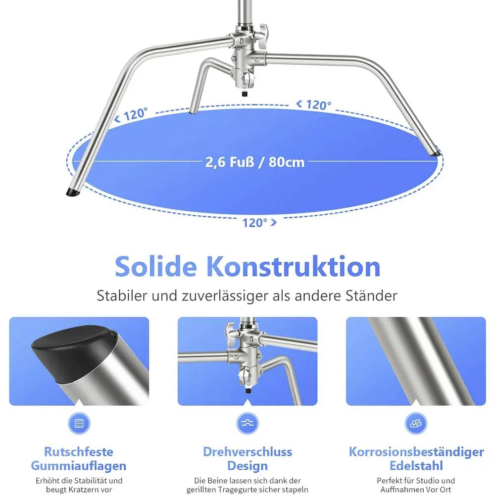 Tripod për Ndriçim Neewer SC320, C-Stand, 153-320cm, Krah 127cm, Kapacitet 20kg, Çelik Inoks - Argjend - 2