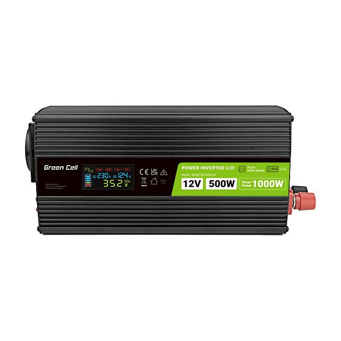 Inverter Green Cell PowerInverter LCD, 12 V, 500 W, Sinus i pastër, me ekran LCD - Zezë - 2