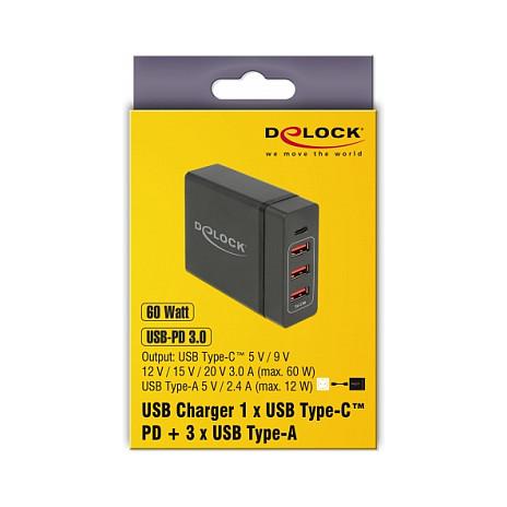 Karikues USB DeLOCK 63974, 1x USB Type-C PD 3.0 60W, 3x USB Type-A 12W, Fuqia Totale 72W – Zezë - 5