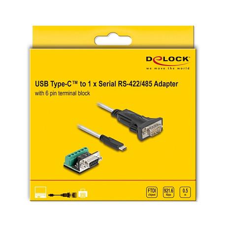 Kabllo USB DeLOCK 64266 / USB Type-C 2.0 në Serial RS-422/485 / DB9 / Terminal 6-Pin / FTDI / 921.6 Kbps / 0.5 m - Zezë/Transparente - 4