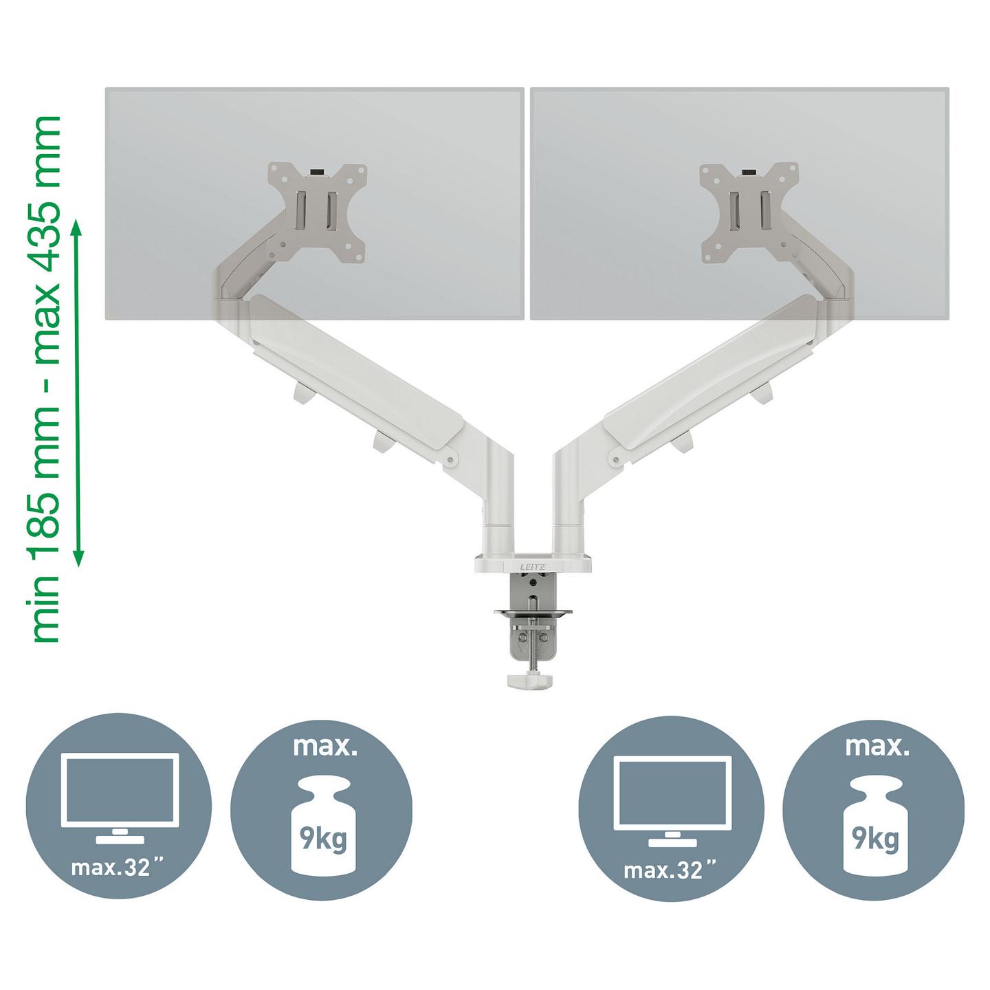 Mbajtëse për Monitor LEITZ Ergo Dual, 2 Monitorë, 17–32", 9kg për Monitor, VESA 75 × 75 / 100 × 100mm, 1120 × 110 × 600mm - Gri - 4