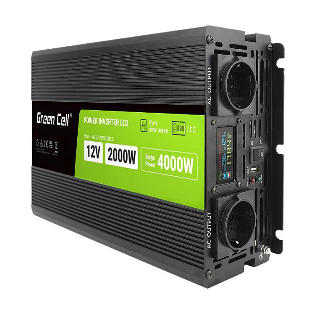 Inverter Green Cell PowerInverter LCD, 12 V, 2000 W, Sinus i pastër, me ekran LCD - Zezë