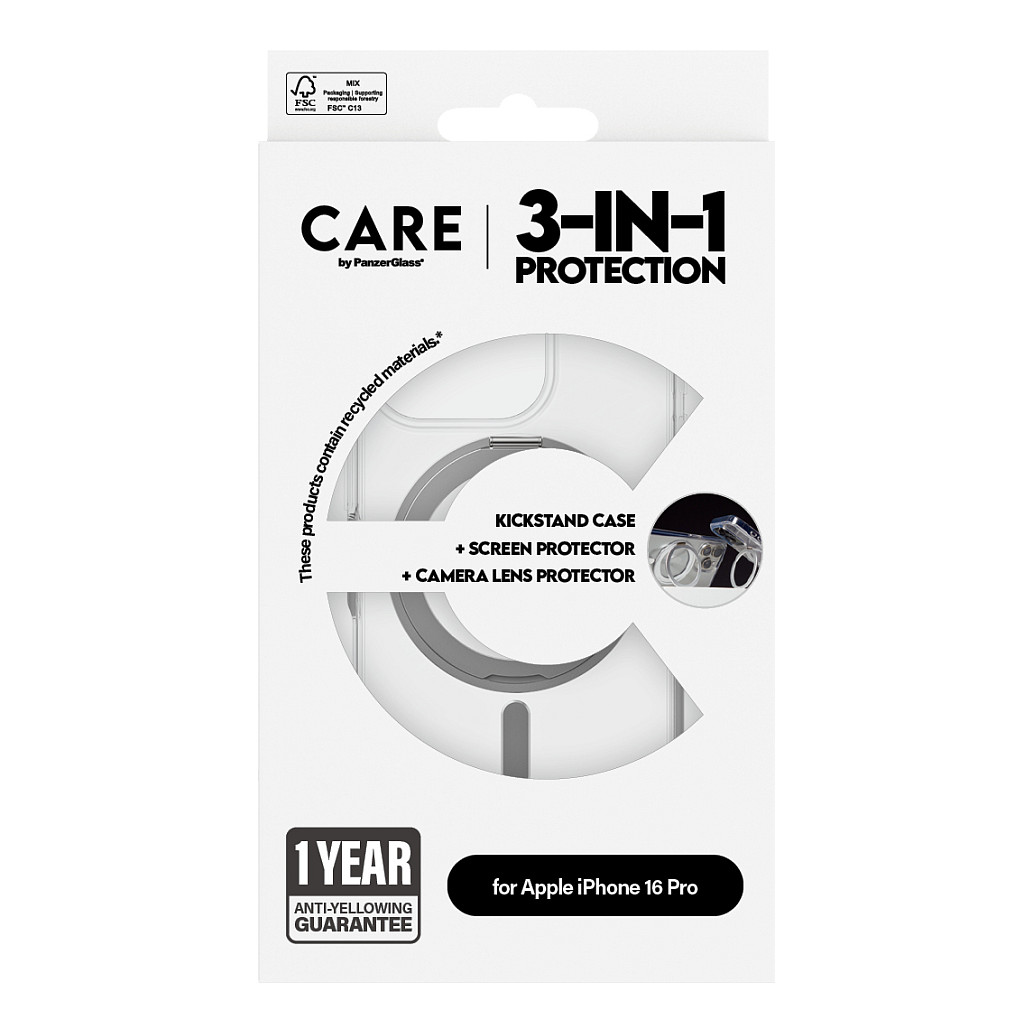 Aksesorë për telefon CARE by PanzerGlass 3-in-1 Ceramic Bundle / Kickstand Case + Ceramic Screen Protector + Ceramic Hoops / iPhone 16 Pro - Transparente - 3
