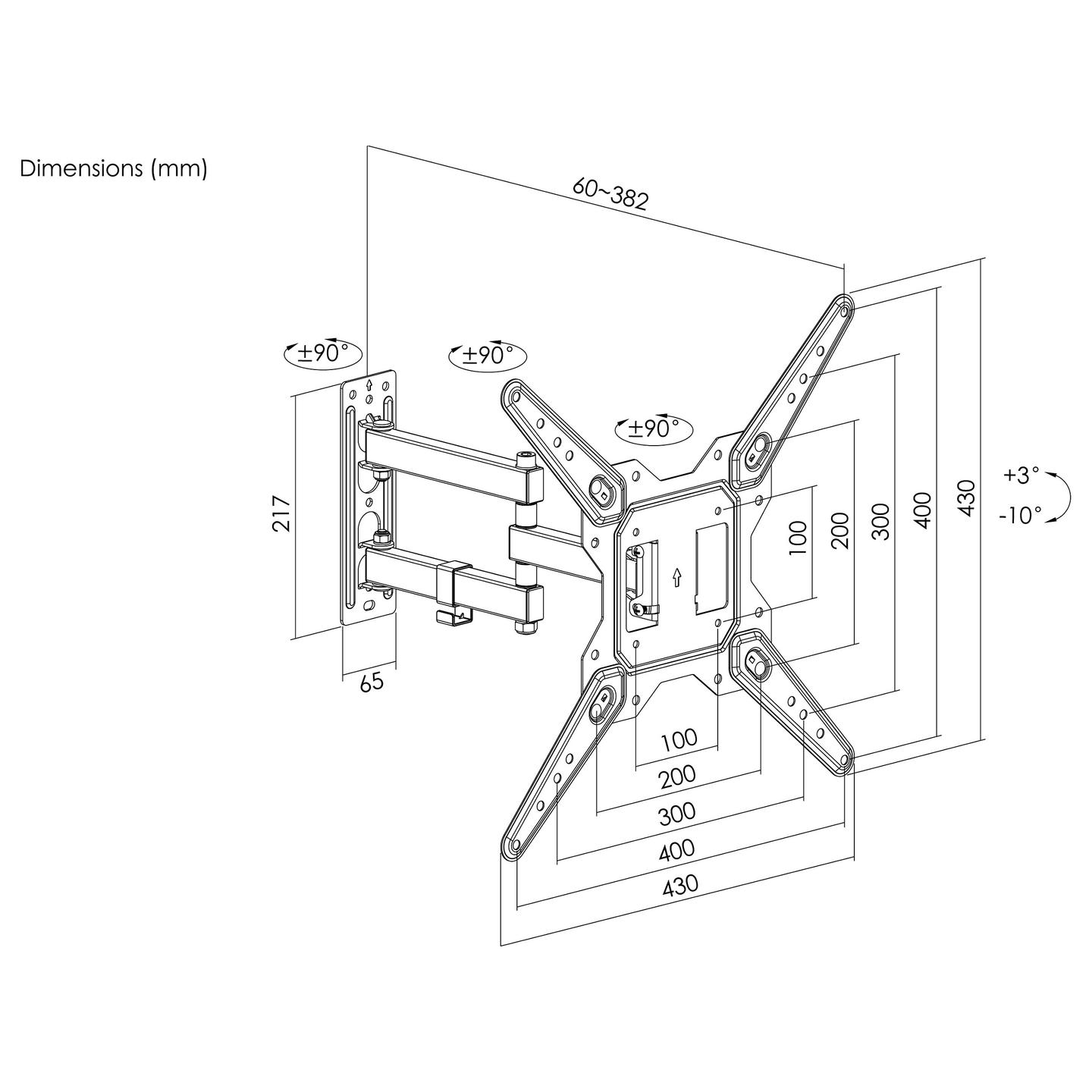 Mbajtëse Muri për TV Equip 650413 / 23"-55" / 30kg / Full Motion / Tilt -10° deri +3° / Swivel ±90° - Zezë - 10