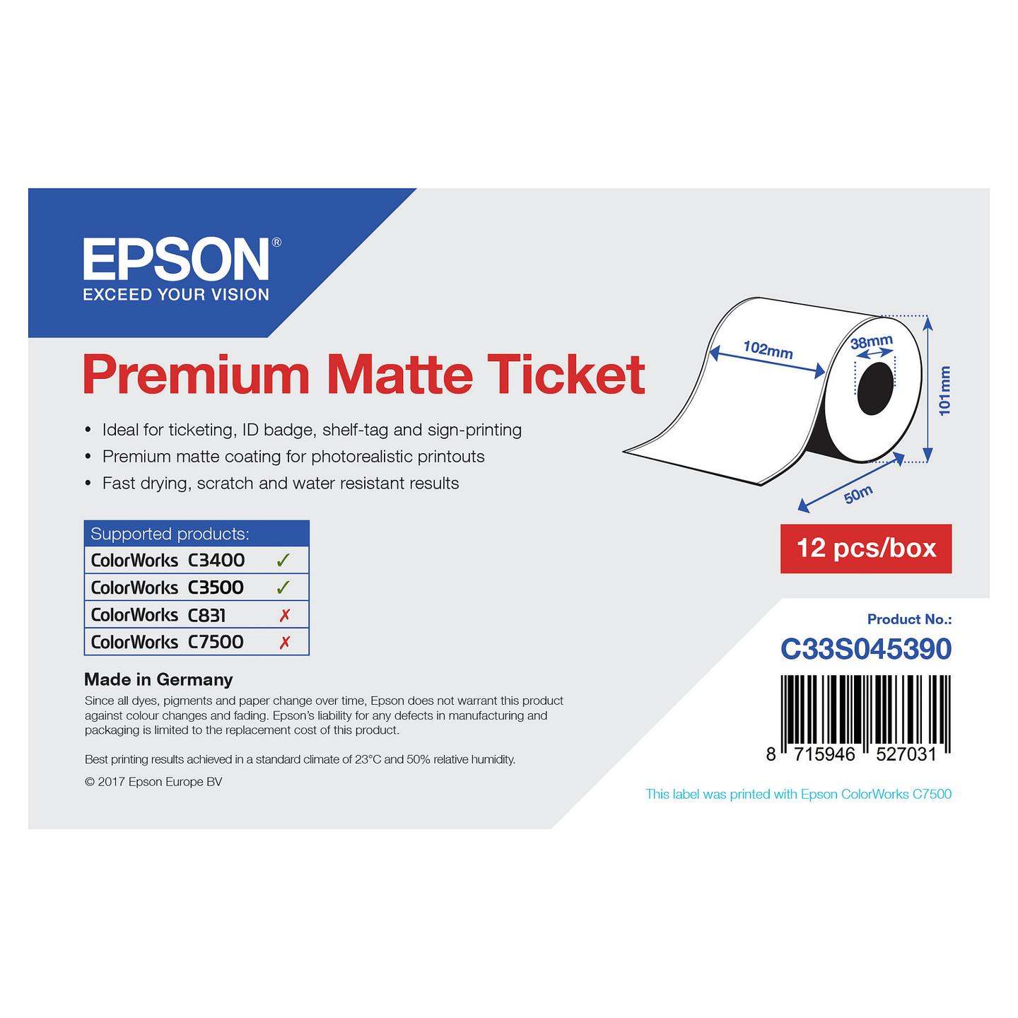 Etiketa Epson Premium Matte Ticket C33S045390, 102 mm × 50 m, 107 g/m² - Bardhë