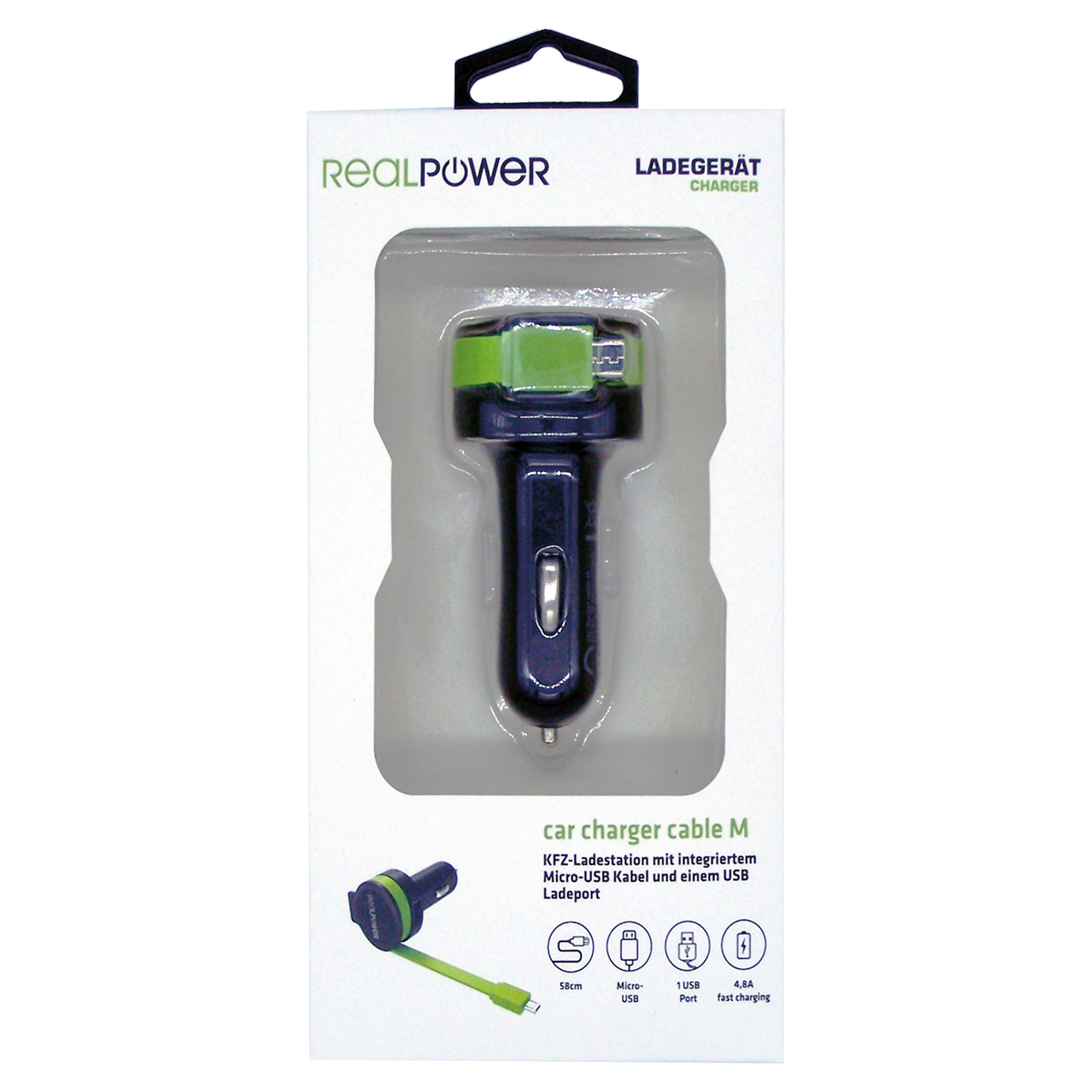 Adapter telefoni për veturë RealPower 257635 / USB-A + Micro-USB / 5V / 4.8A / 12-24V - Zezë/Gjelbër - 4