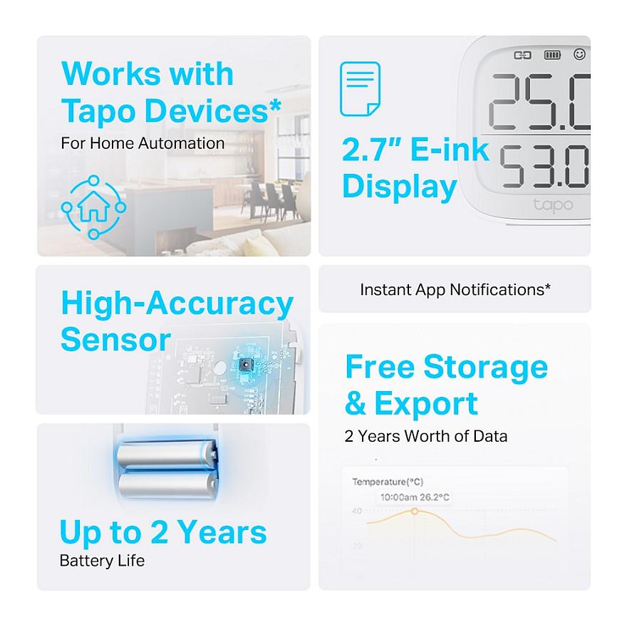 Sensor Inteligjent TP-Link Tapo T315, Temperaturë dhe Lagështi, Ekran E-Ink 2,7", Wireless 868 MHz - Bardhë - 3