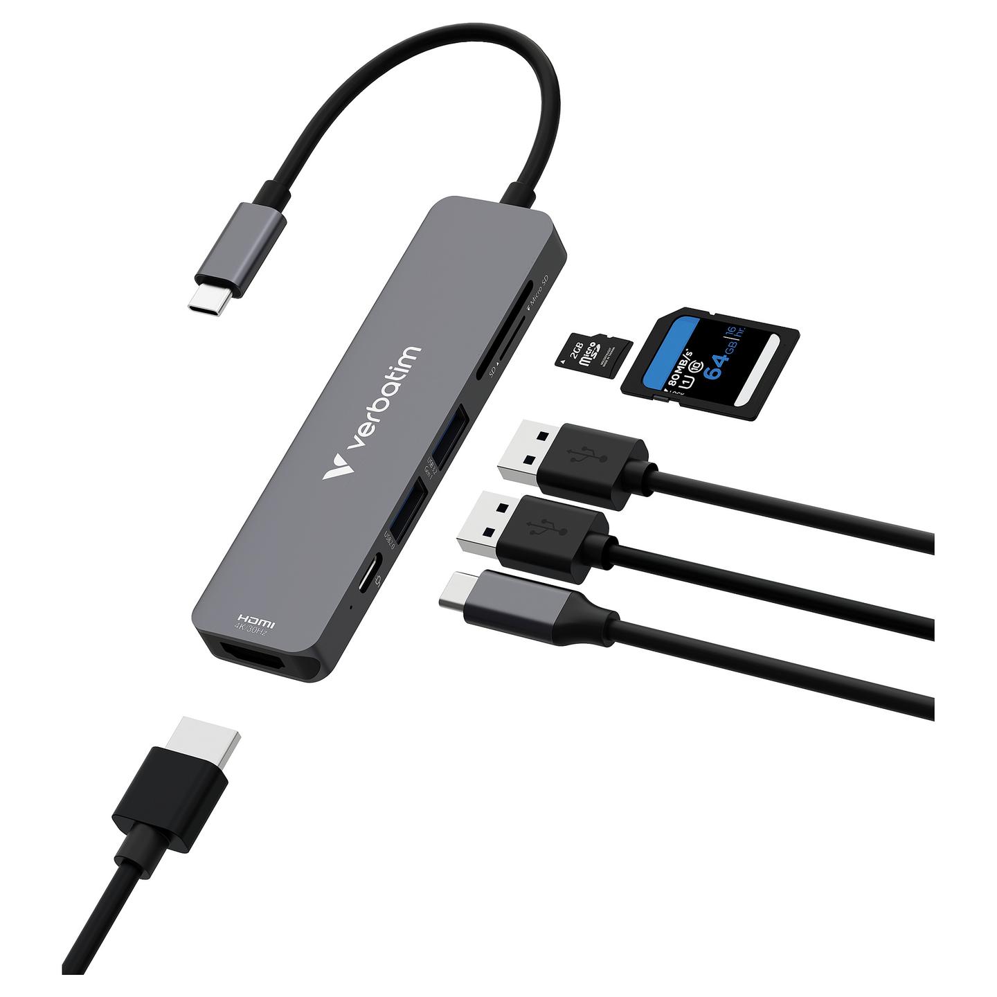 Hub USB-C Verbatim 32156, 6 Porta, HDMI 4K 30Hz, USB-A 3.2 Gen 1, USB-A 2.0, USB-C PD 100W, SD, microSD – Gri - 2