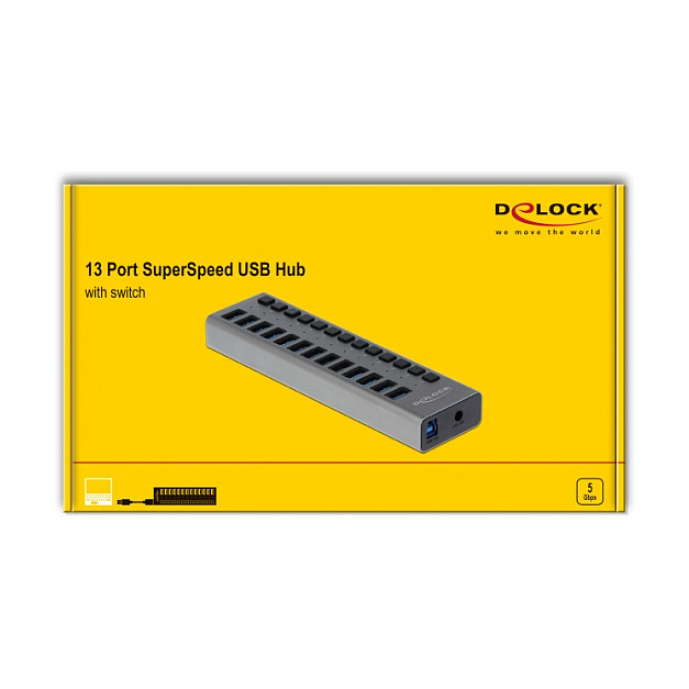 Delock 63738 External USB 5 Gbps Hub / 13× USB Type-A / Individual Switches / Metal Housing / 60W - 3